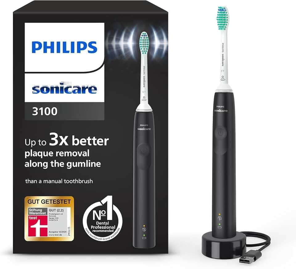 Philips Sonicare 3100 elektrische Zahnbürste, Schallzahnbürste, Andruckkotrolle und Timer, Schwarz, HX3671/14