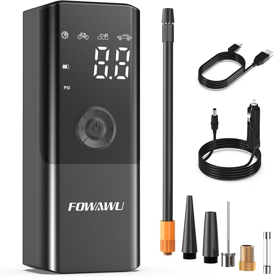 FOWAWU Elektrische Luftpumpe Fahrradpumpe 6000mAh 150PSI Mini Akku Luftpumpe Wiederaufladbarer Akku Kompressor, Großes LED-Display,Memory-Funktion,Autostop Function,Funktion als Powerbank