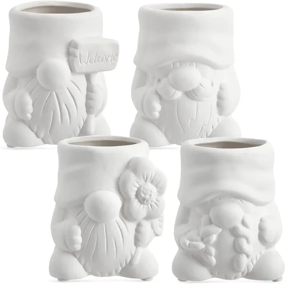Bright Creations Paintable Ceramic Garden Gnome Planters - 3 x 3 x 4 in, White, Pack of 4, Unfinished - Succulent Pots to Paint with Drainage Holes & Plugs - DIY Pottery Kit