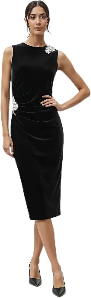 Anne Klein Women's Sleeveless Velvet Ruched Dress with Jewel Detail