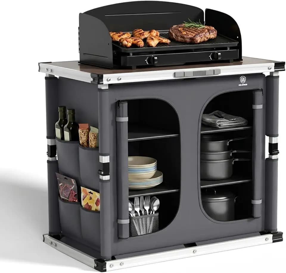 EVER ADVANCED XXL Campingküche Outdoor Faltbar mit Windschutz Campingschrank Klappbar Vorzelt mit Aluminiumgestell & Tragetasche Camping Regal Campingmöbel Küchenbox