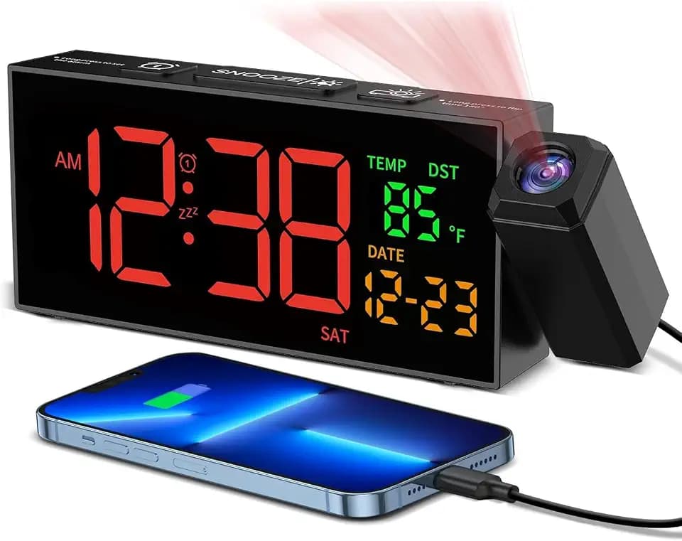 Netzu Digitaler Wecker mit Projektion, Projektionswecker mit 350° Projektor, Thermometer, Datum, Große Anzeige, 10 Klingeltönen, Snooze, 4 Helligkeit, 4 Lautstärke, Manuell DST, Lauter Wecker