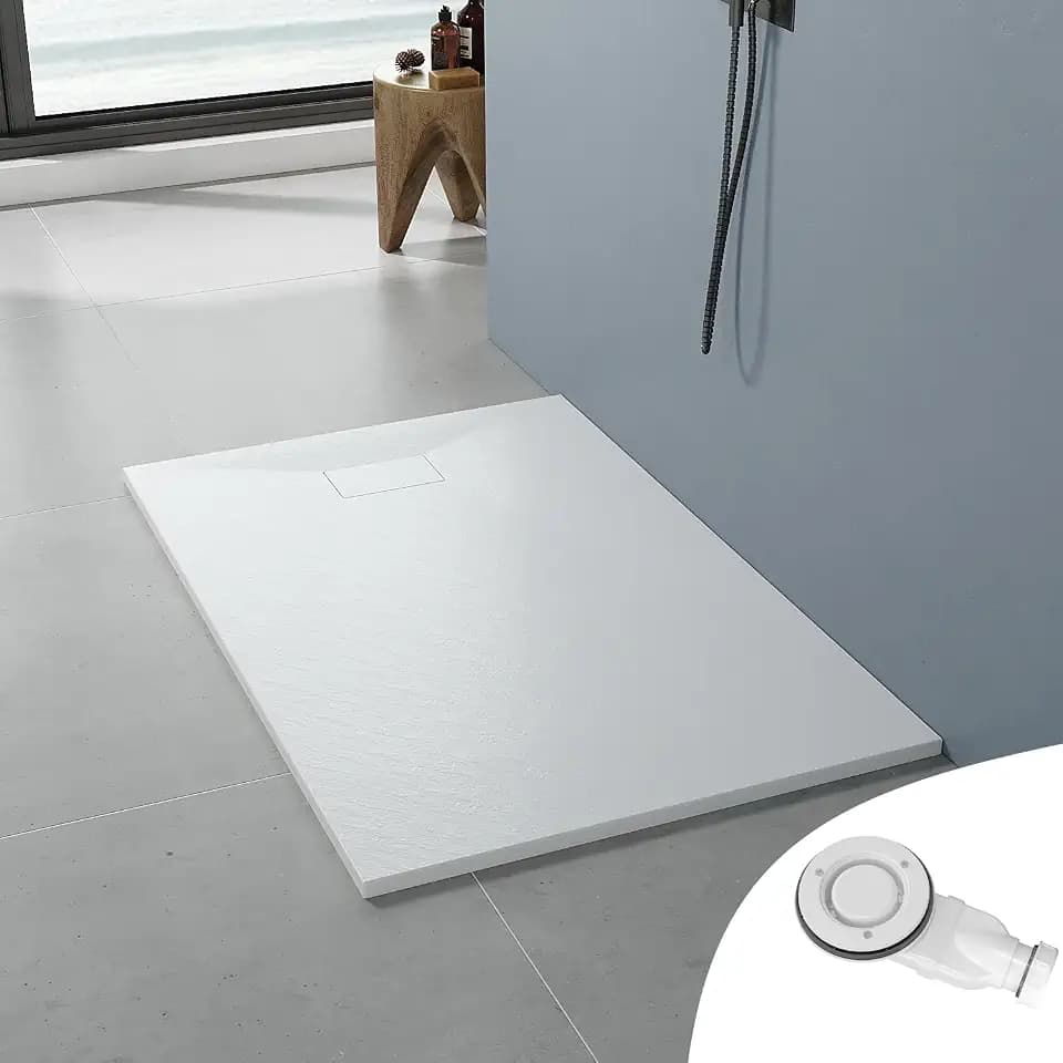 AQUABATOS SMC Duschwanne 140x90 cm 32 mm Weiß Rechteckig Duschtasse Rutschfest Bodengleich Ebenerdig Montage Steinoptik Schieferoptik Superflach mit Abdeckung Siphon/Ablaufgarnitur