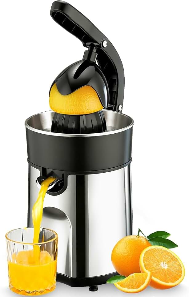Cozary Zitruspresse Elektrische, Orangenpresse Zitronenpresse inkl 2 Presskegel, Gehäuse und Filter aus rostfreiem Stahl,Orange Juicer Press Geeignet für Orangen,Zitronen und Limetten, BPA Frei