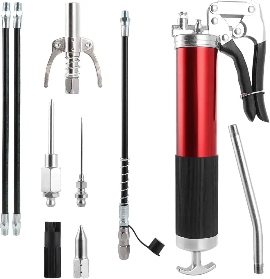 SHUESS Einhandfettpresse Set 11 TLG 7000 PSI (400cc), Hochdruck Fettpresse für Schmiernippel, Einhand Fettpresse Set mit Pistolengriff, Schmierpresse für 400g Kartuschen inkl. Flexschlauch, Rot