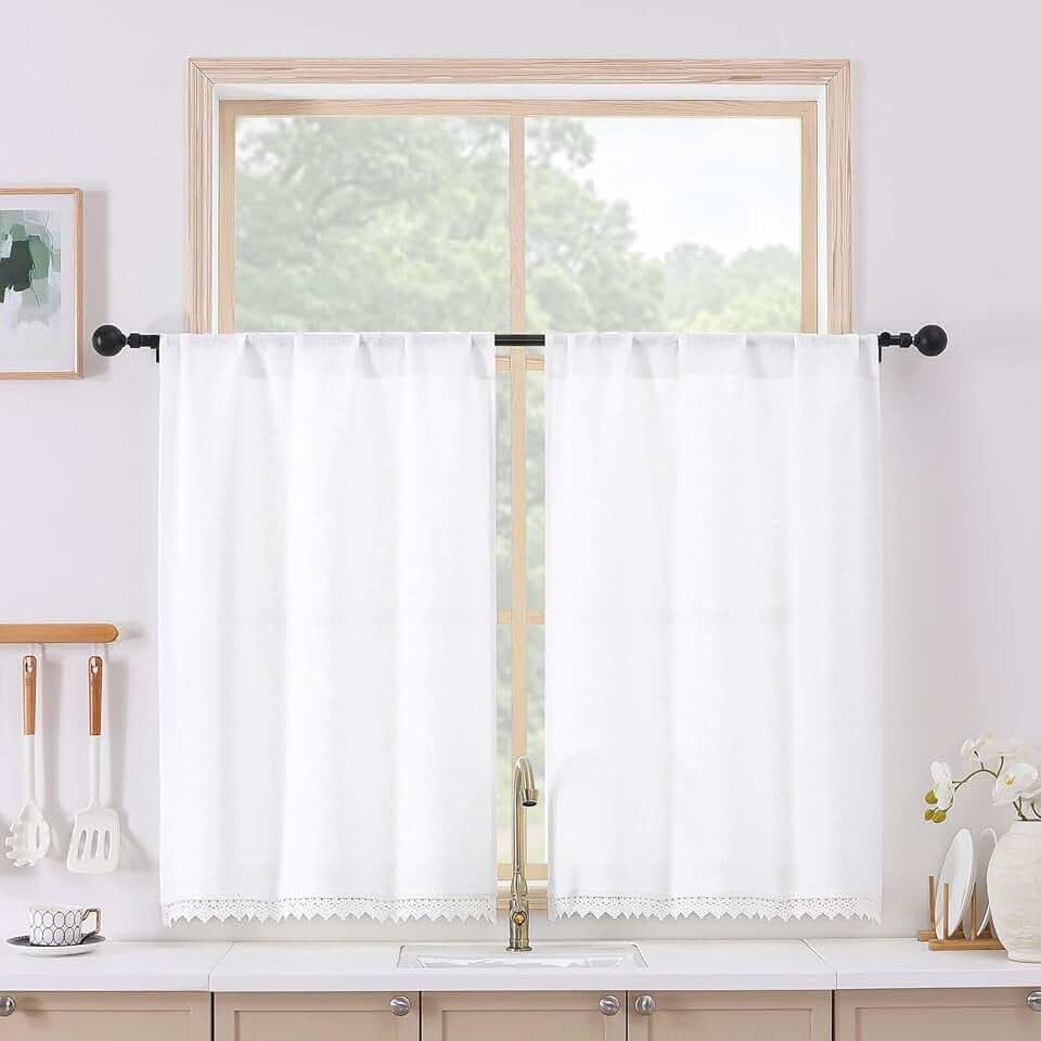 Chyhomenyc Lace Short Kitchen Curtains 36 Inch Length - Light Filtering Faux Linen Living Room Half Window Curtains, Farmhouse Vintage Boho Curtain for Bathroom, 26Wx36L, 2 Pieces, White