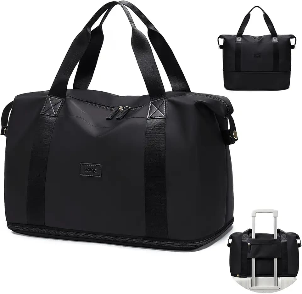 VNINE Travel Duffle Bag, Waterproof Weekender Carry On Tote Bags for Women, Sport Gym Bag for Men, Hospital Bag for Labor and Delivery, Overnight Luggage Bag with Trolley Sleeve Black