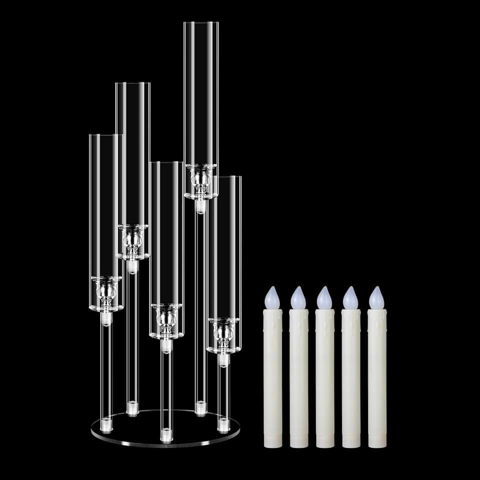 5 Arm Acrylic Candelabras with Candles, 22'' Tall for Table Decor