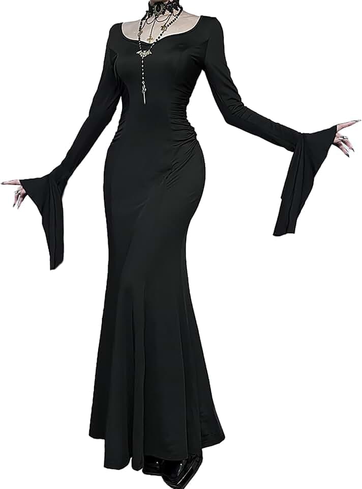 DINGJIUYAN Gothic Maxikleid für Damen, Fledermausärmel, Fischschwanz, schmale Passform, Gothic-Kleid, Halloween, langes Kleid