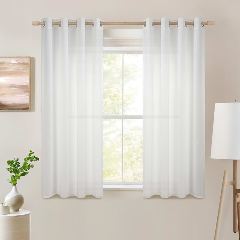 Topfinel Voile Vorhänge mit Ösen Halbtransparent Gardine Leinenstruktur Garn Muster Fensterschal für Zimmer, Büro, 2er Set 145x140 (HxB) Weiß