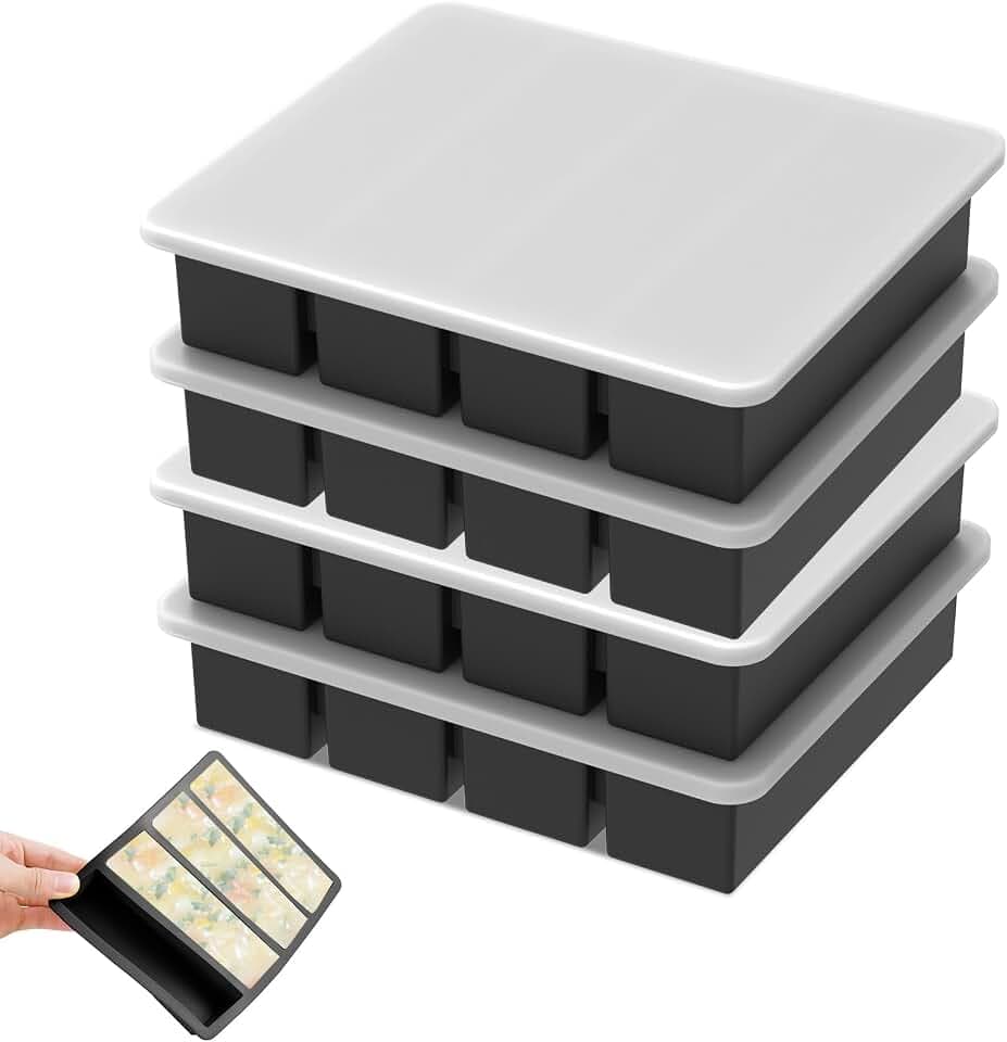 4 Stück Silikon Gefrierform Suppe mit Deckel 4 Gitter BPA Freie | Einfrieren Behälter Leicht Entformen zur Aufbewahrung Brühe Soßen Eis Meal Prep Schwarz