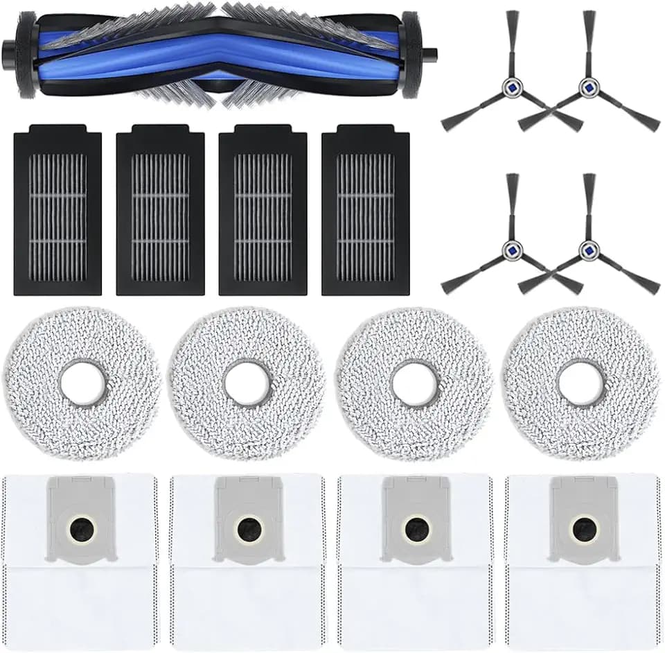 17 Stück Zubehör für Ecovacs DEEBOT T50 Pro Omni / T50 Omni /T50 Max /T50 Max Pro /T50 Pro Staubsaugerroboter.1 Hauptbürste,4 Wischtücher, 4 Staubbeutel, 4 Filter, 4 Seitenbürsten