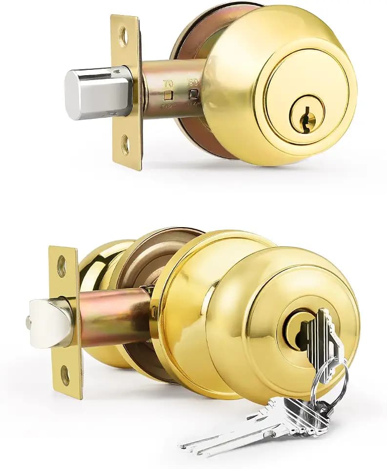 1 Pack Keyed Alike Front Door Knob and Deadbolt Set, Entry Door Locksets with Single Cylinder Deadbolt, Polished Brass Flat Round Door Lock Set for Bedroom/Office/Exterior Doors