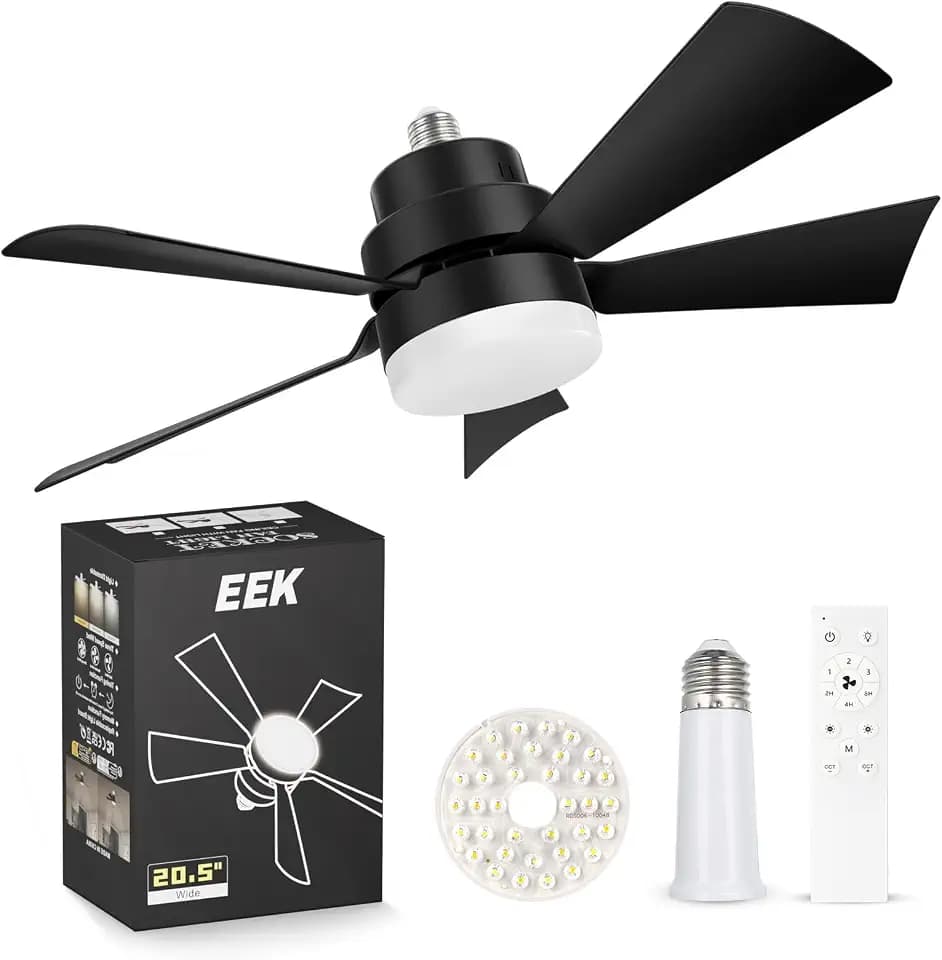 EEK Socket Fan Light with Ultra Quiet Design, 20.5″ Ceiling Fans with LED Lights and Remote,Screw in Fan Light for E26/E27,3Speeds 3Colors 3000-6500K,1200 (Black)
