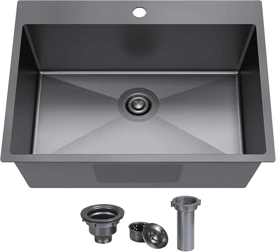 KINGO HOME 22x18 Inch Black Kitchen Sink,Drop In 16 Gauge RV Small Kitchen Bar Sinks,Stainless Steel Topmount Outdoor Prep Single Bowl Workstation Wet Bar Sink with Stainless Steel Strainer