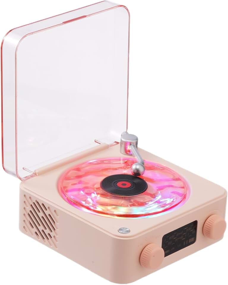 Waves Vinyl Bluetooth Speaker Pink,Mini Record Player Style Speakers with Ocean Sound White Noise, Retro Bluetooth Speakers Cute with Light and Timer Gifts for Girls Women Valentine's Day Party Favor