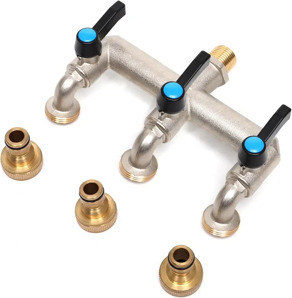 3/4 Zoll 3-Wege Auslaufhahn,Verlängerter Griff(Metall), Messing Wasserverteiler mit 3/4 Zoll BSP Gartenschlauch Wasserhahn-Anschluss, 3-Wege Wasserhahn für Waschmaschine, Regentonne