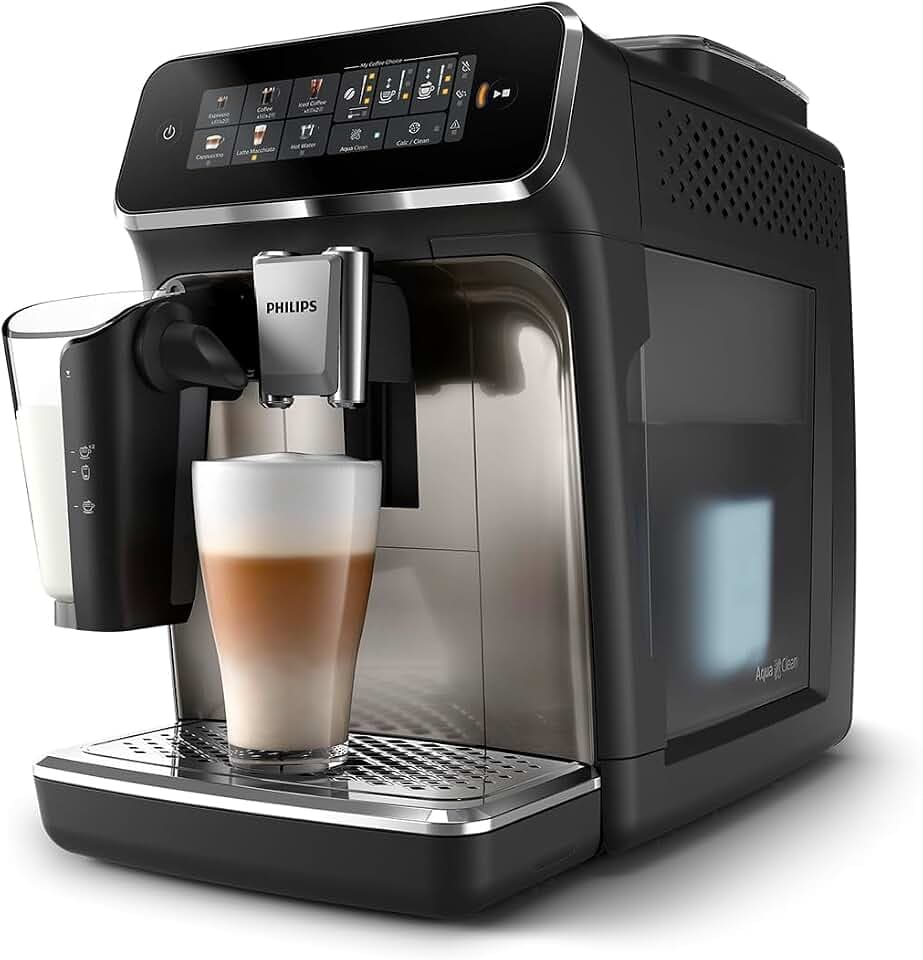 PHILIPS 3300 Series Fully Automatic Espresso Machine - LatteGo Milk System, 5 Coffee Varieties, Intuitive Touch Display, SilentBrew, 100% Ceramic Grinder, AquaClean Filter, Glossy Black (EP3347/90)