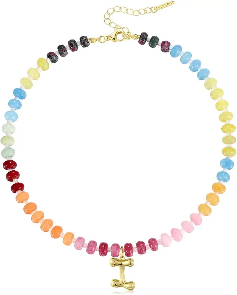 KissYan Initial Necklaces for Women, Colorful Beaded Gemstone Choker 14K Gold Bubble Letter Pendant Necklace Natural Stone Summer Beach Handmade Jewelry Gift