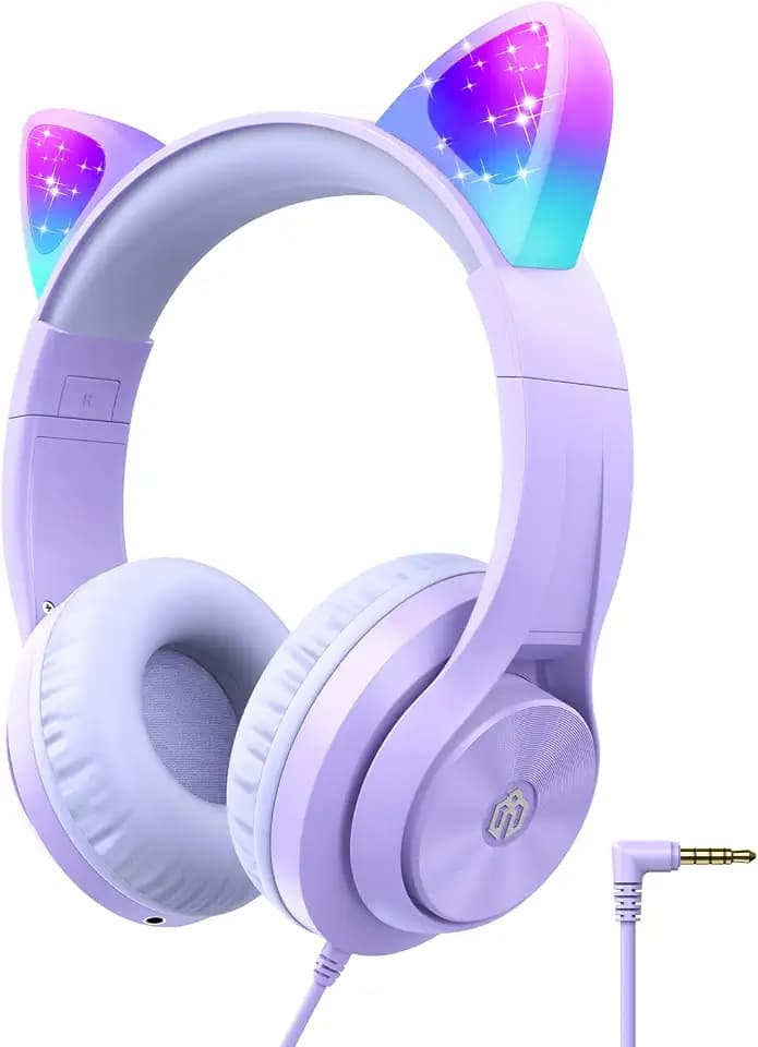iClever HS20 Kids Headphones for Toddler Girls, Cat Ear LED Light Up School