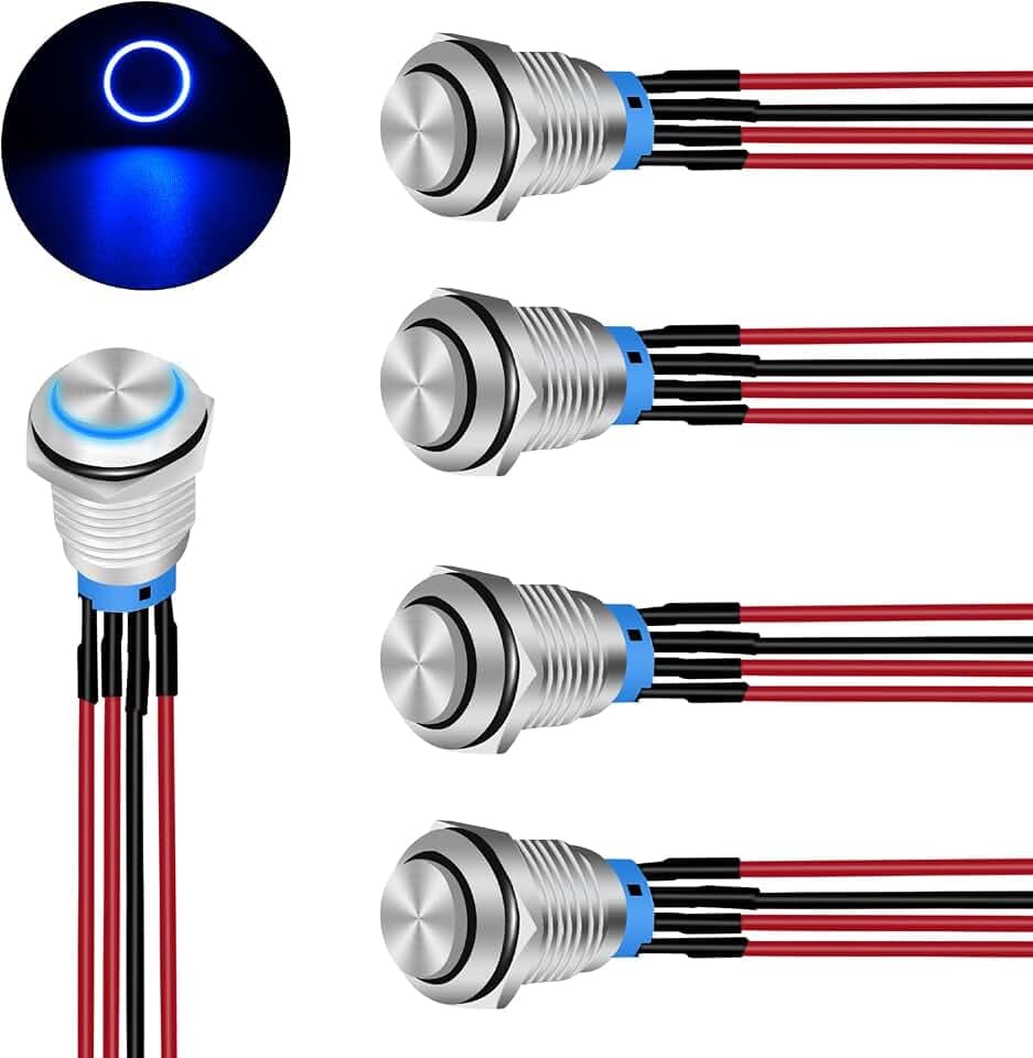 Nilight 12mm 12V Latching Push Button Switch Pre-Wired LED 5 Pack Kit