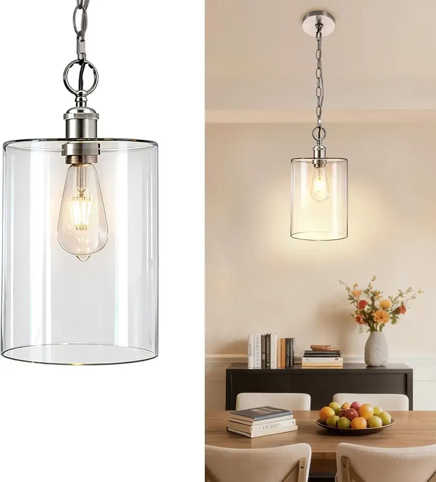 Modern Pendant Light, 7.7" Clear Glass Cylinder Pendant Light Fixture with Brushed Nickel Finish, Adjustable Chain Hanging Light for Kitchen Island Dining Room Hallway Entryway, Foyer, E26 Base