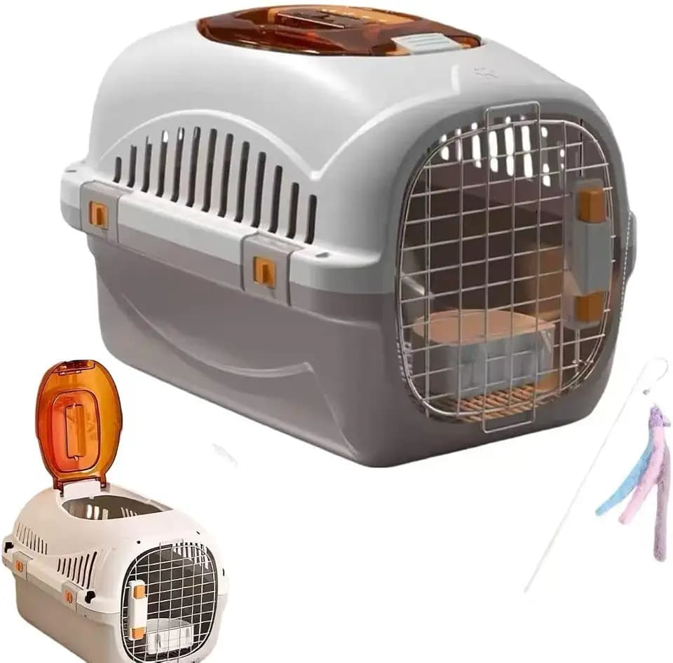 Hard Cat Carrier for Large Cats up to 20 lbs, Top Loading Plastic Pet Travel Kennel with Hard Shell, Metal Wire Door, Roof Petting Hatch and 360 Ventilation,Includes Feather Wand(Gray Set)