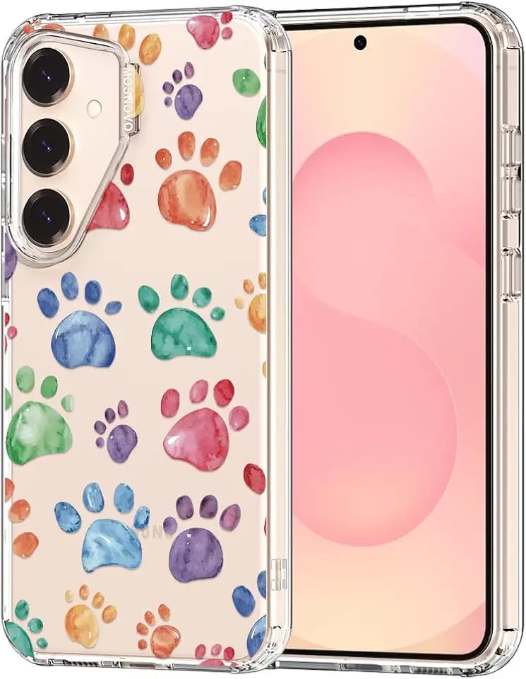 MOSNOVO Case for Samsung Galaxy S25 / Galaxy S24, [Buffertech 6.6ft Military-Grade Drop Protection] [Anti Peel Off Tech] Clear TPU Bumper Phone Case Cover Design - Colorful Paw