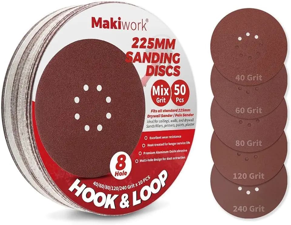 50 Stück 225mm 8-Loch Schleifscheiben Set – Aluminiumoxid Klett-Schleifpapier 10 x P40/P60/P80/P120/P240 für Trockenbauschleifer, Farbentfernung, Holz- & Metallbearbeitung