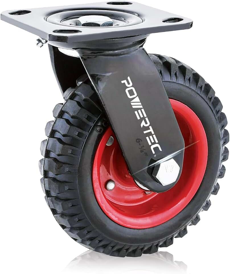 POWERTEC 15,2 cm große Lenkrollen, robuste Lenkrollen mit Gumminoppenprofil für Werkbank, Puppe, Wagen, Wagen und Hühnerstall, große Gummirollen, 1 Stück (17050 V)