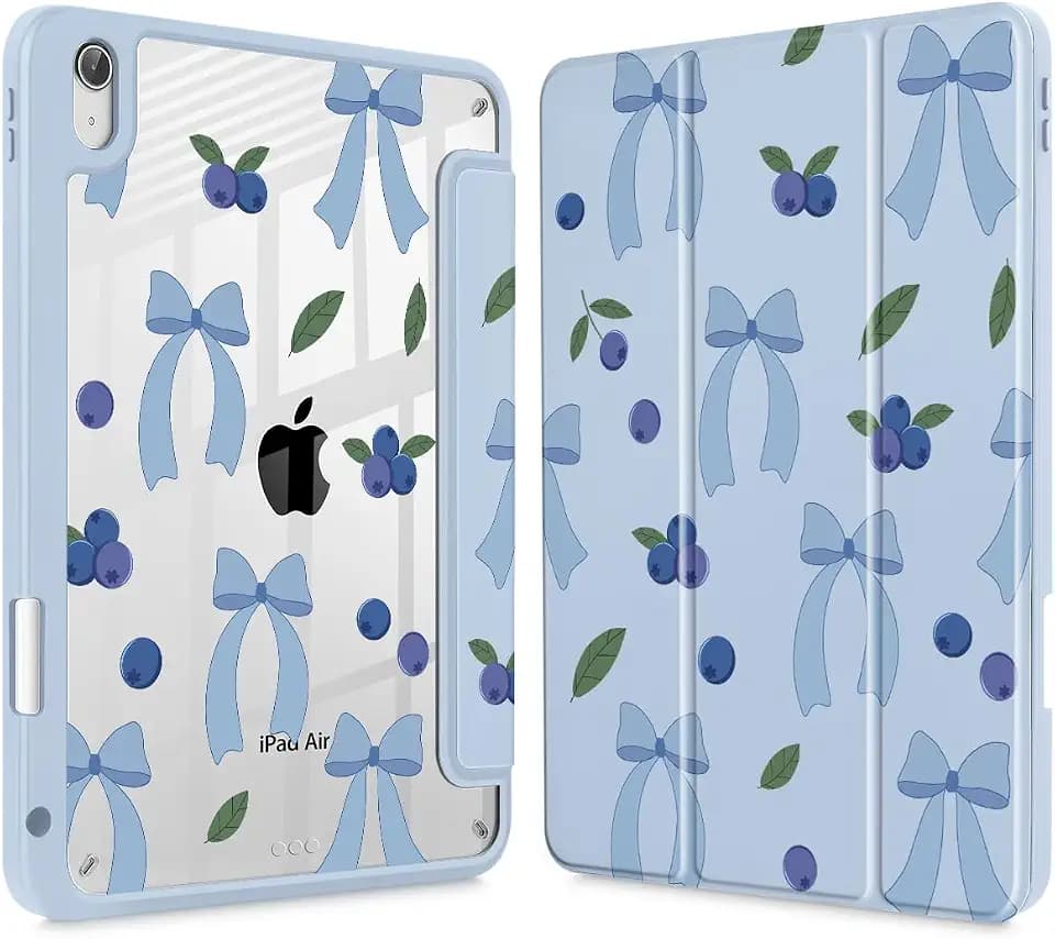 Tuiklol Case for iPad Air 11 Inch M4 2026 / Air 11 Inch M3 2025 / Air 11 Inch M2 2024 / iPad Air 10.9 Inch 2022 2020, Buit in Pencil Holder with Shockproof Cover Clear Transparent Back, Blue Berries