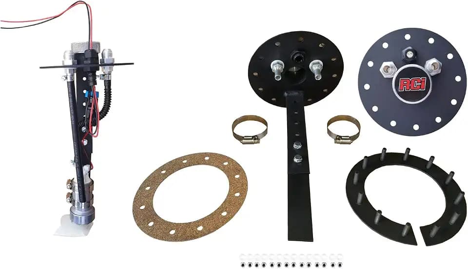 RCI Fuel Pump Hanger, 12 Bolt Round, 8 AN Fittings, Gaskets/Hardware Included, Aluminum, Black Anodize, Kit, Model Number: 7080A