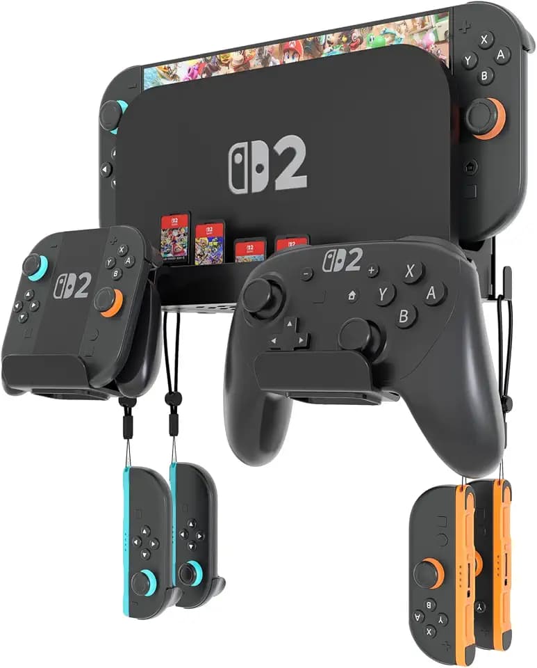 KUNSLUCK Switch 2 Wall Mount - Wall Mount Stand for Nintendo Switch 2 (2025) Console, Joy-Con, Game Cards - Space-Saving Dock with Cooling Vent Design & Easy Installation – All-in-One Wall Holder Organizer Kit