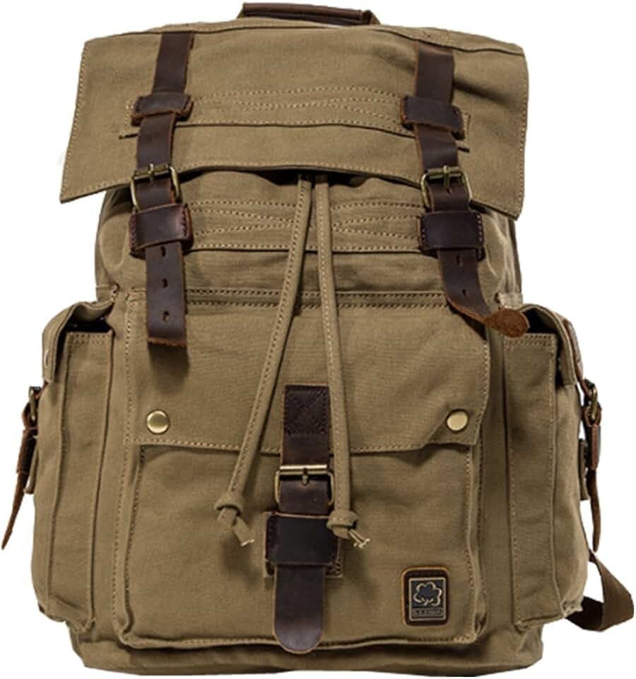 Jonon Vintage Canvas Rucksack für Männer Leder Rucksack Rucksack 17 Zoll Laptop Tote Schulranzen Schule Militär Armee Schulter Rucksack Wandern Bag