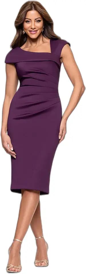 Xscape Women's Short Asymmetrical Neckline Scuba Dress, Plum, 4
