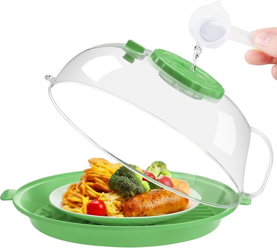 Microwave Splatter Cover Lid for Food 8.5 Inch with Plate Water Steamer
