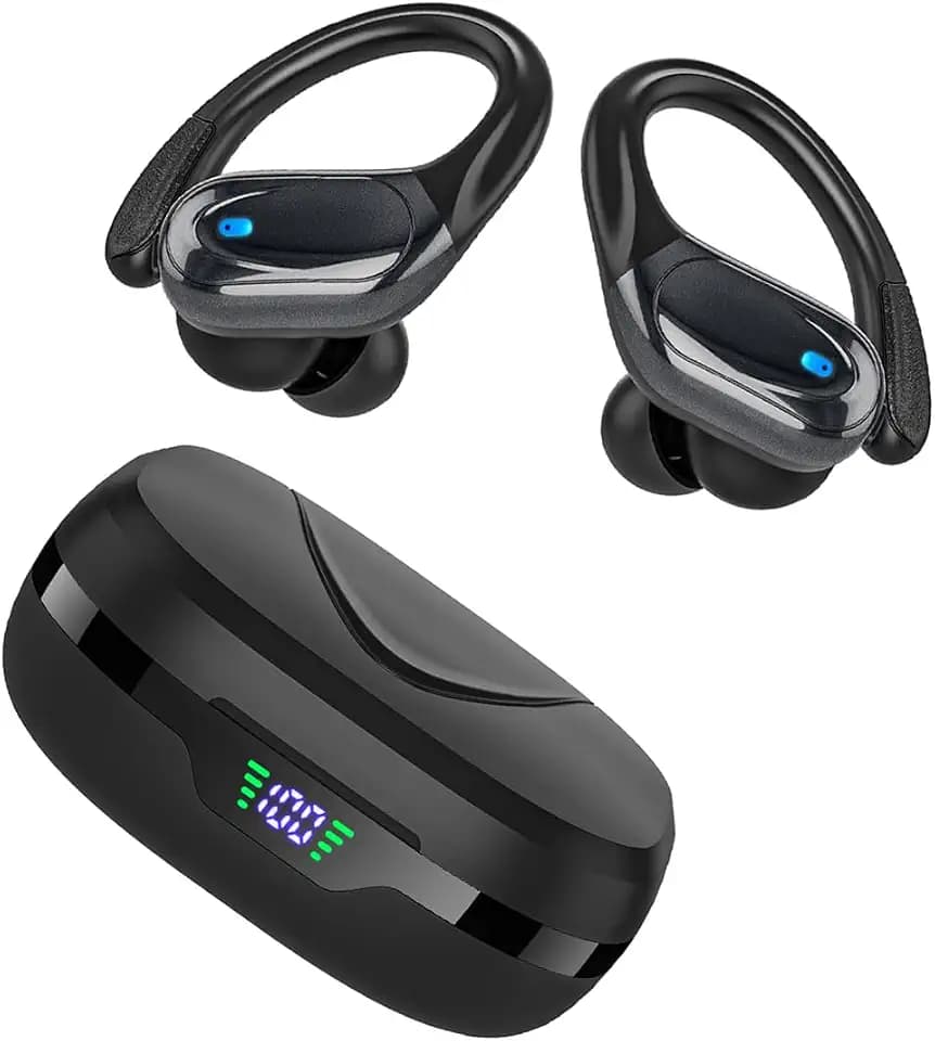 HAOYUYAN Sports Bluetooth Headphones, 80Hrs Playtime Wireless Earbuds with LED Power Display Noise Canceling Headset Ear Buds（Piano Black）