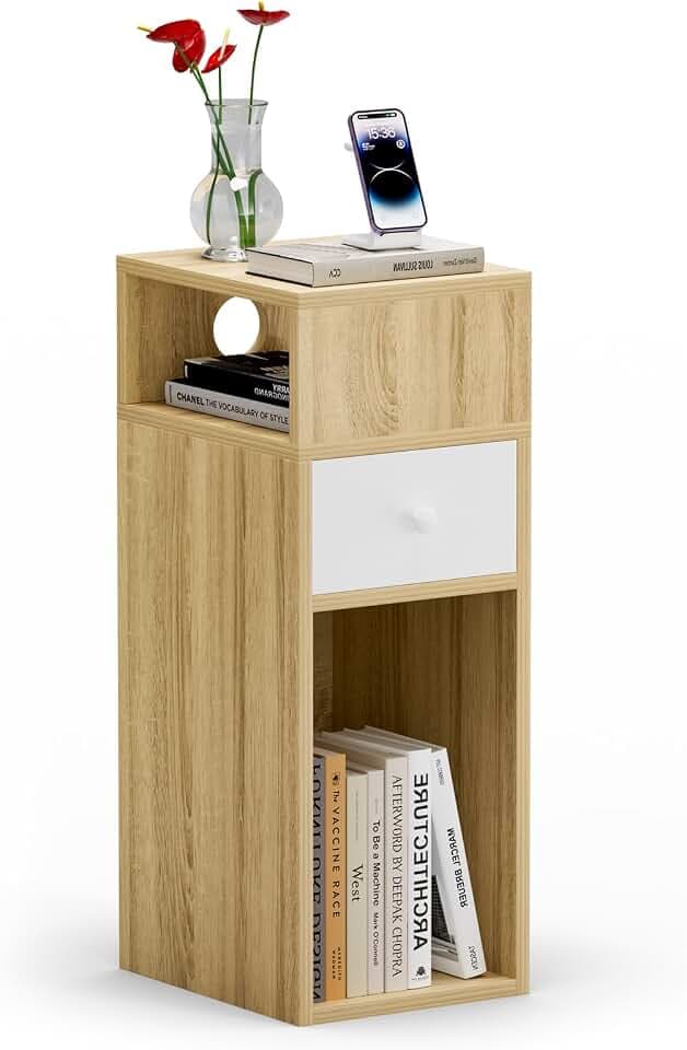 VOUNOT® Nachttisch, Schmal, Beistelltisch mit 2 offenem Fach & 1 Schublade, Modern Nachtschrank, Nachtkästchen für Schlafzimmer, Wohnzimmer, 25x30x66cm Natur