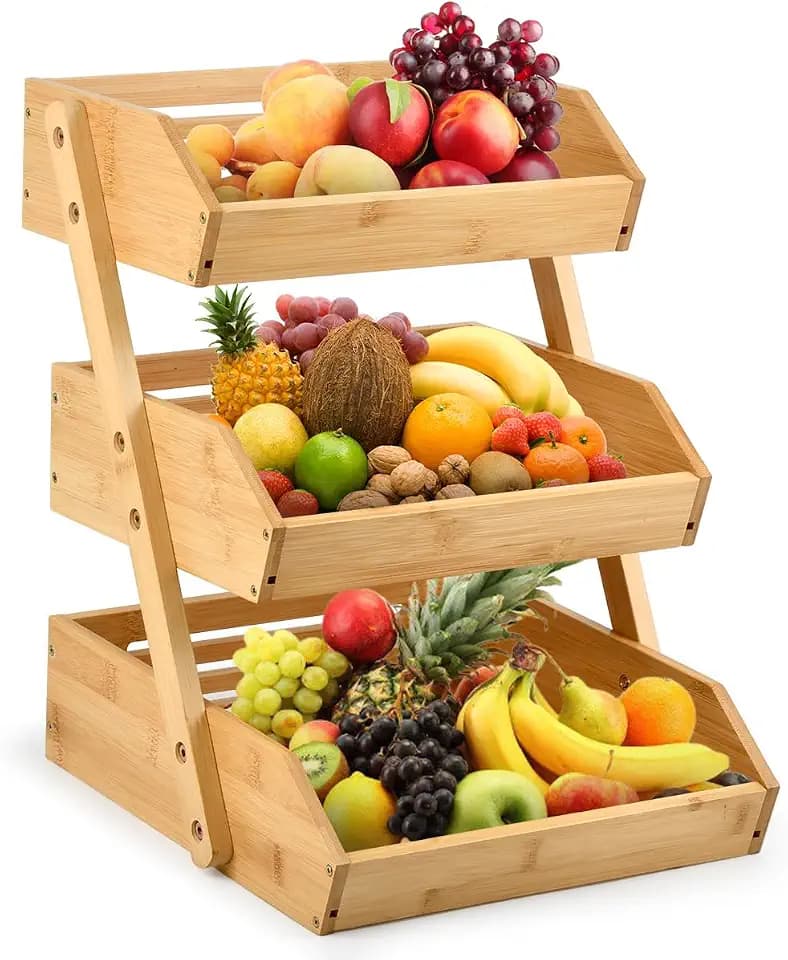 Obstkorb Bambus, Obst Etagere 3 Stöckig Obst Etagere Holz, Bambus Obstkorb 3 Etagen Abnehmbarer Obstständer Obstschalenhalter für Theke für Gemüse, Brot, Snack