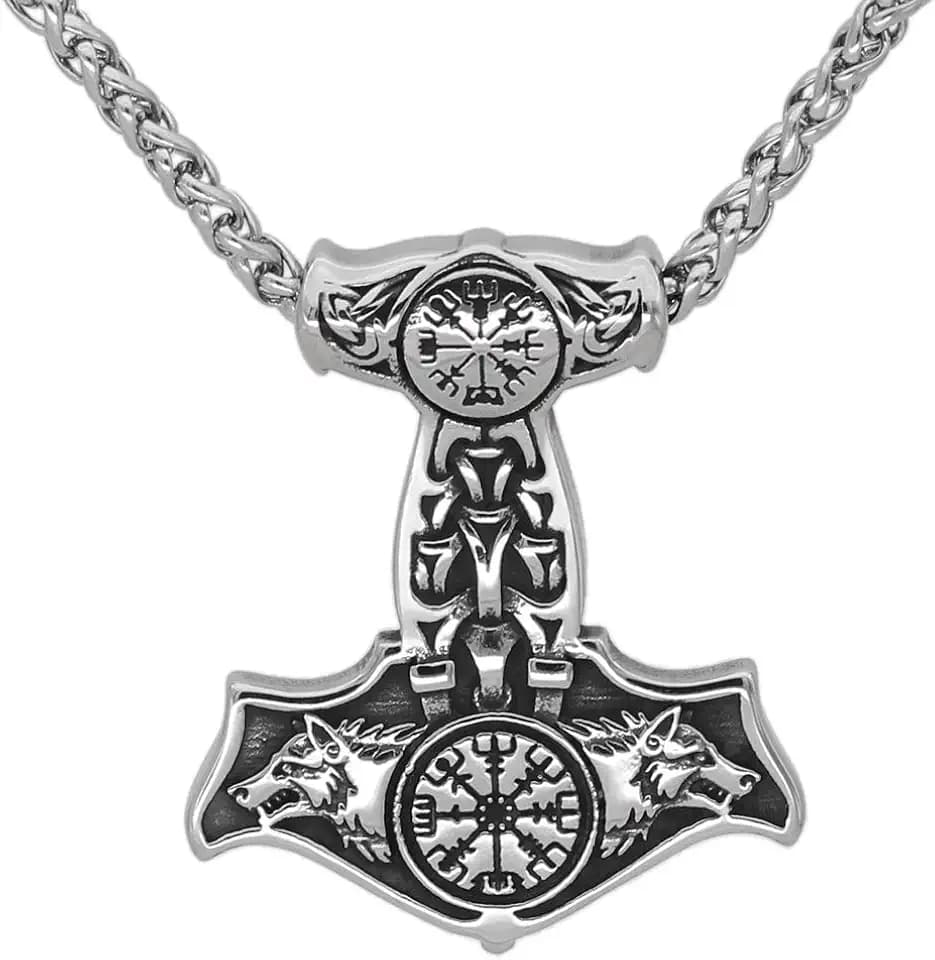 GuoShuang Nordic Viking Mjolnir Thor Hammer Valknut Stainless Steel Necklace for Men with Valknut Gift Bag