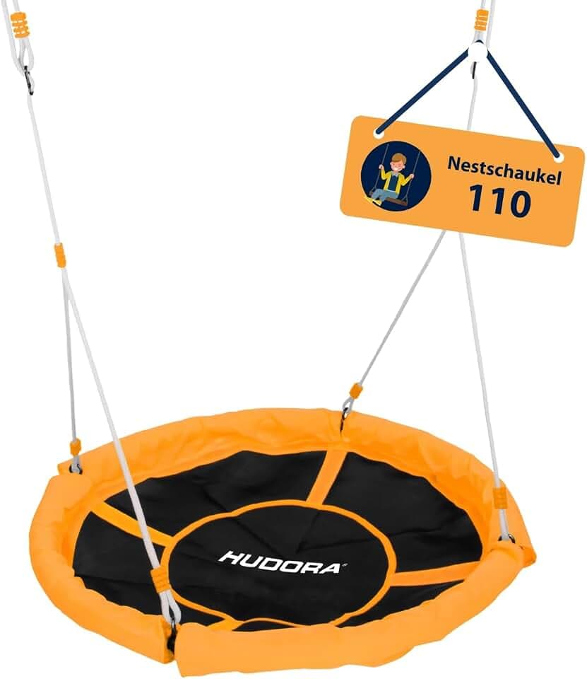 HUDORA Nestschaukel 110 - grün/orangefarbene Schaukel für bis zu 100kg - Hängeschaukel mit 110cm Durchmesser für drinnen & draußen - Höhenverstellbare Familienschaukel für Kinder & Erwachsene