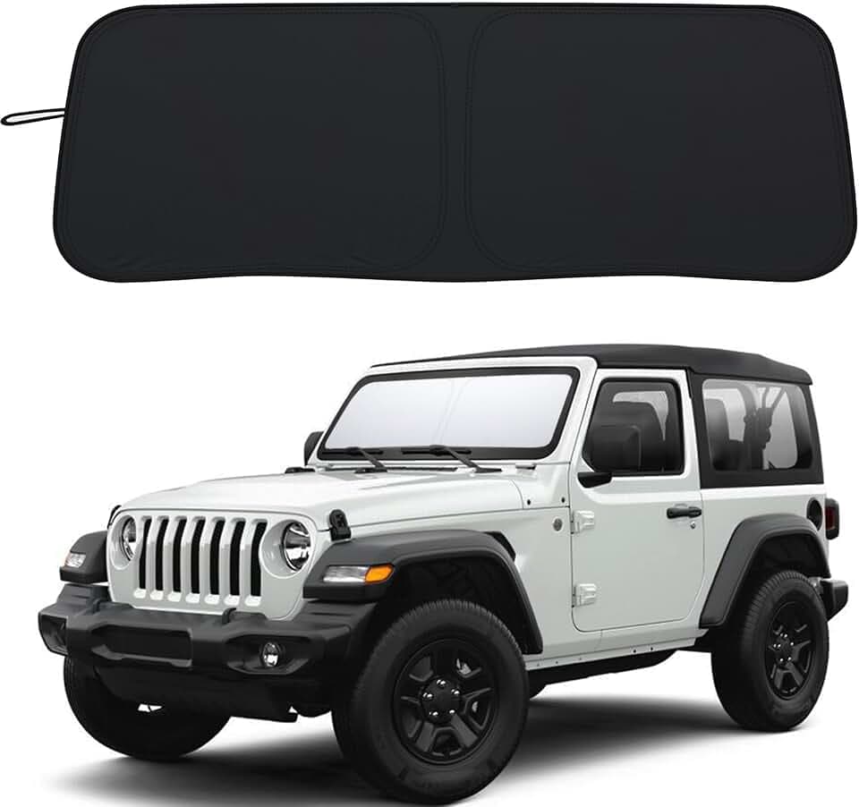 Premium Windshield Sun Shade for 2018-2026 Jeep Wrangler JL JLU & 2020-2026 Jeep Gladiator, Reflective 310T Material Front Window Sun Visor Blocks UV Rays Foldable Sunshade with Storage Pouch