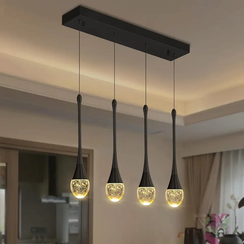 ykolupty Dining Room Light Fixture 4-Light Black Kitchen Island Lighting Industrial Linear Crystal Chandeliers for Dining Room Pendant Light Fixture for Living Room Hallway Bedroom