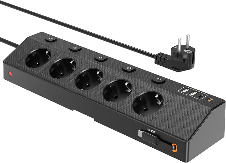 Tischsteckdose Steckdosenleiste mit 2 USB C (PD 30W),5 Fach Mehrfachsteckdose mit Schalter,Steckdosenleiste mit USB,4000W/16Amit 2M Kabel für Zuhause Büro und Reisen (Schwarz, 2M & 30W)