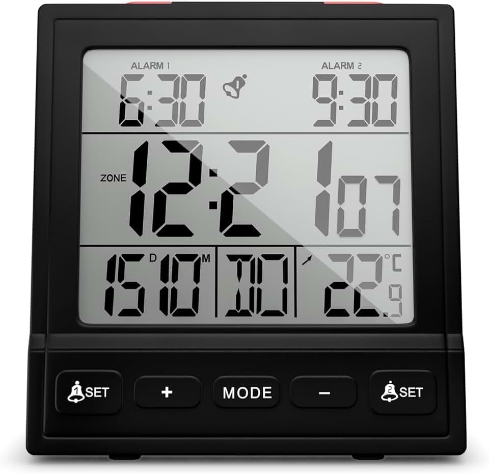 MEBUS Digitaler Funkwecker mit Thermometer, Datumsanzeige, Zwei Weckzeiten, Weckwiederholung, automatische Einstellung Sommer-/Winterzeit, Funk-Uhr, Digitalwecker/Farbe: Schwarz/Modell: 25581