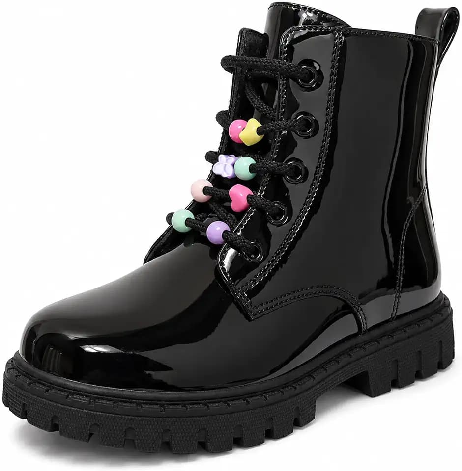 Girls Combat Boots Black Lace Up Side Zipper Ankle Boots