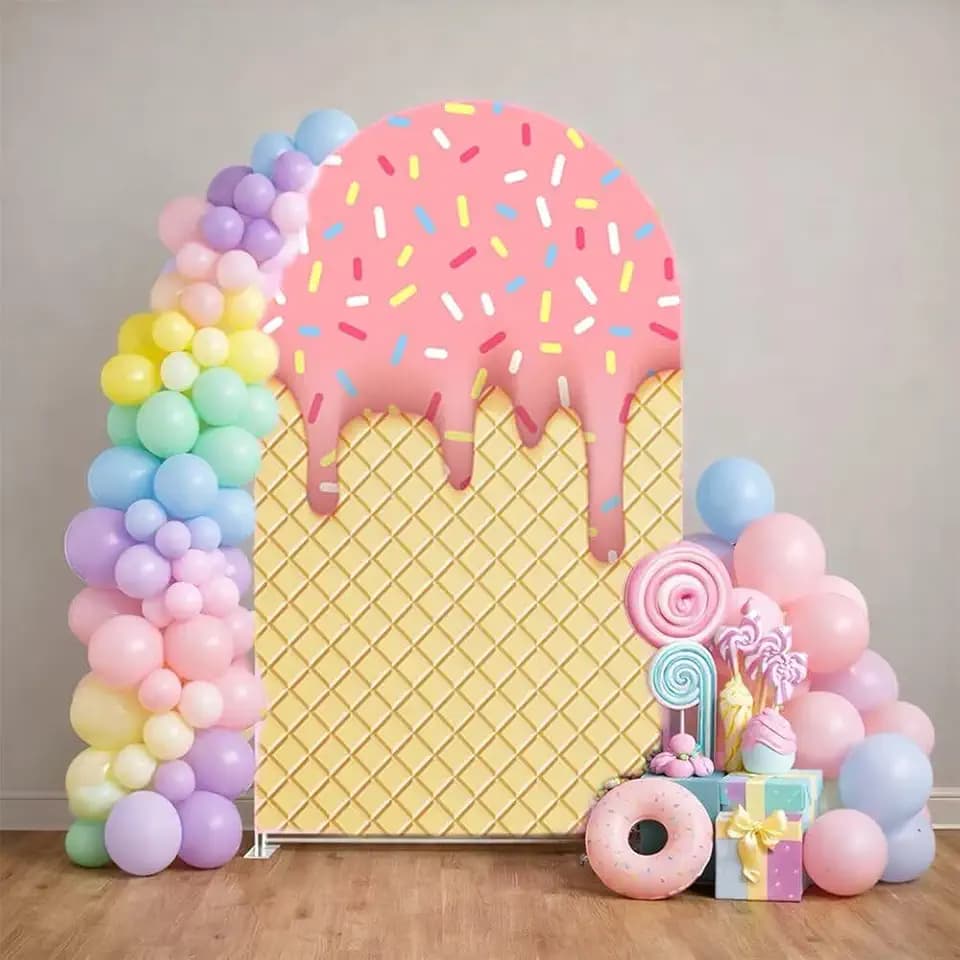 3.3x6.5ft Arch Backdrop Covers Pink Dripping Glaze Sprinkles Birthday Party Decorations 2-Sided Chiara Arched Spandex Fabric Cover for Baby Shower Ice Cream Parties Props