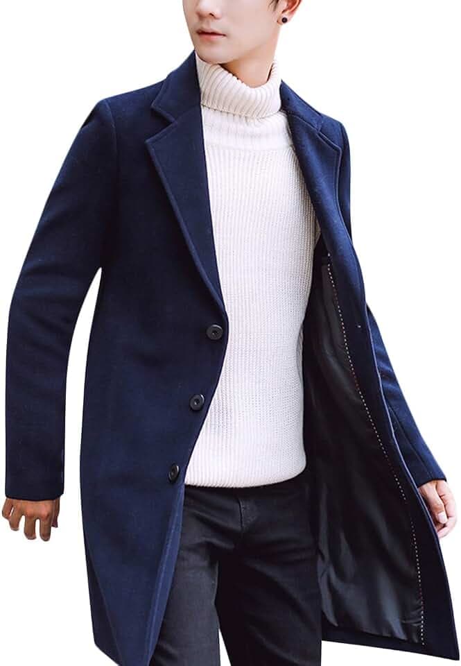 Springrain Herren Wollmischung Erbsenmantel Einreihiger Mantel Warm Winter Trenchcoat