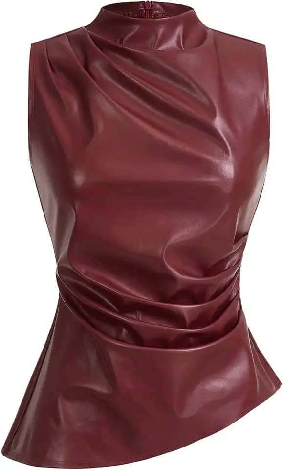 SHENHE Women's Mock Neck PU Leather Sleeveless Pleated Tank Top