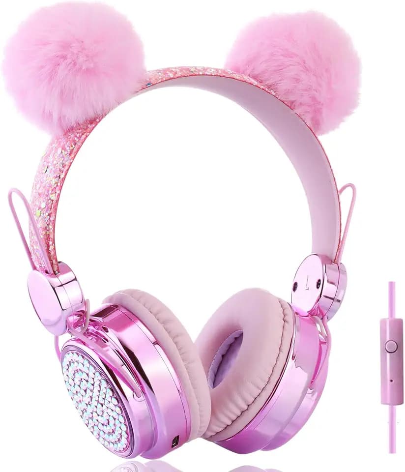 Kids Headphones for Girls with Microphone, 3.5mm Plug Sparkly Bear Ear Cute Wired Headsets for Gift, School (Pink)